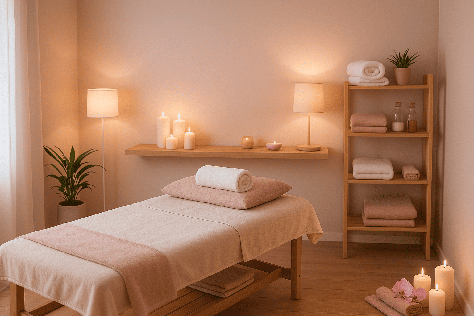 Sala de massagem com iluminação suave e decoração clean